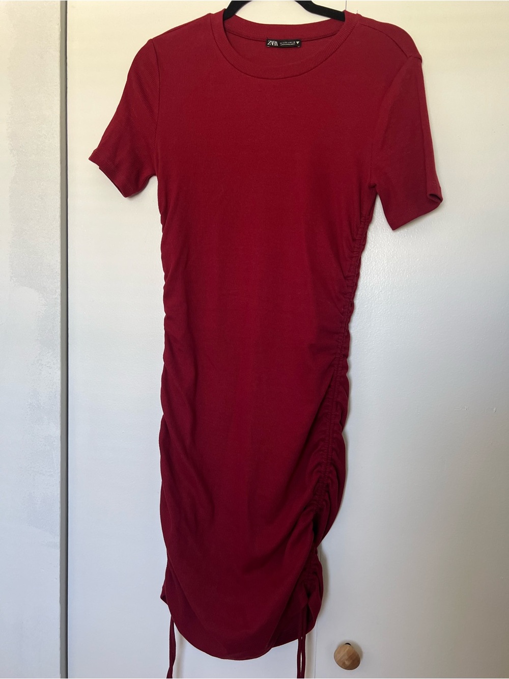 Zara Red Ribbed Side-Ruched Midi Dress
